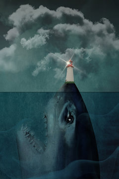 Shark underwater with lighthouse on nose