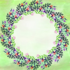 Hand drawn textured floral background.Card with flowers and leaves.Template for letter or greeting card. Round shape. Series of Watercolor, Oil, Pastel, Backgrounds and Cards,Blanks,Forms.