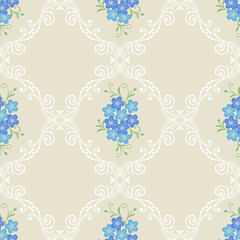 Floral vintage seamless pattern with forget-me-not flowers on a beige background. Floral decoration inside of ornamental curly frame. Vintage seamless baroque wallpaper. Vector illustration.