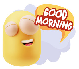 3d Rendering Smile Character Emoticon Expression saying Good Mor