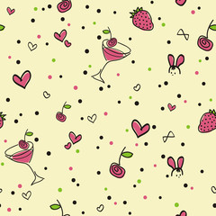 Seamless pattern, Strawberry cocktail, yellow background
