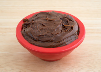 Chocolate fudge frosting in a small bowl on counter top side view