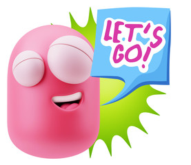 3d Rendering Smile Character Emoticon Expression saying Let'S Go