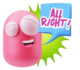 3d Rendering Smile Character Emoticon Expression saying All Righ