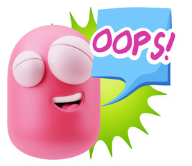 3d Rendering Smile Character Emoticon Expression saying Oops wit