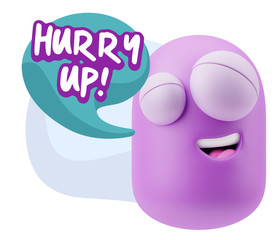 3d Rendering Smile Character Emoticon Expression saying Hurry Up