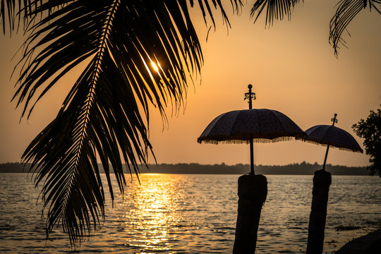 Silhouette of parasols and fronds by ocean at sunset