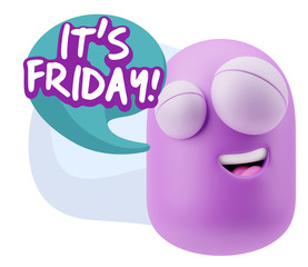 3d Rendering Smile Character Emoticon Expression saying It's Fri