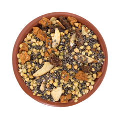 Bowl of chia seeds nuts and fruit breakfast cereal top view isolated on a white background.