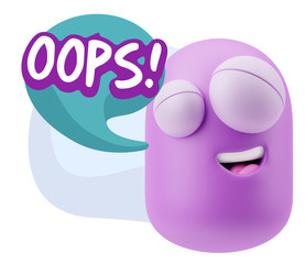 3d Rendering Smile Character Emoticon Expression saying Oops wit