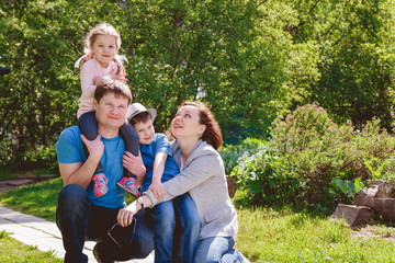 Happy Family Outdoors Mother Father Son Daughter