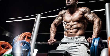 Young adult bodybuilder doing weight lifting in gym.