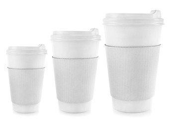 Three paper cups different sizes isolated on white