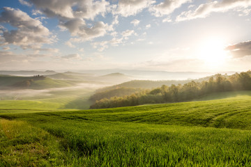 Picturesque sunrise in Crete Senesi region, Tuscany, Italy