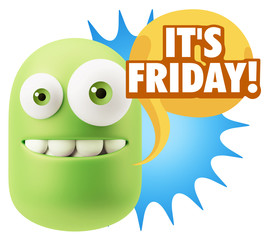 3d Rendering Smile Character Emoticon Expression saying It's Fri