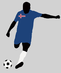 UEFA Euro 2016 vector illustration of football player run hit ball. Group F participant. Soccer team player in uniform with Iceland state national flag original colors. Flat graphic design clip art