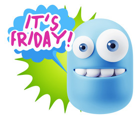 3d Rendering Smile Character Emoticon Expression saying It's Fri