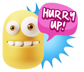 3d Rendering Smile Character Emoticon Expression saying Hurry Up