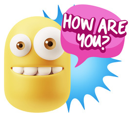 3d Rendering Smile Character Emoticon Expression saying How Are