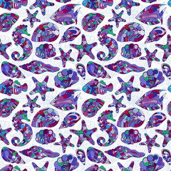 Vector seamless pattern with hand drawn underwater creatures.