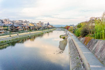 Fototapeta na wymiar Kamo river in evening. Kyoto, Japan