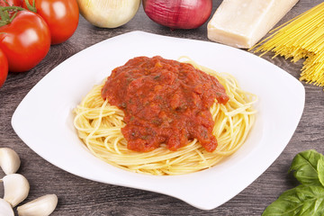 Plate of cooked spaghetti pasta. Close up.