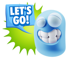3d Rendering Smile Character Emoticon Expression saying Let'S Go
