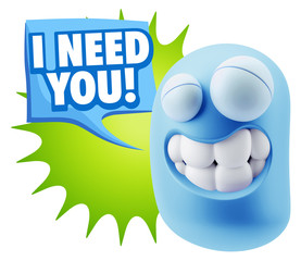 3d Rendering Smile Character Emoticon Expression saying I Need Y