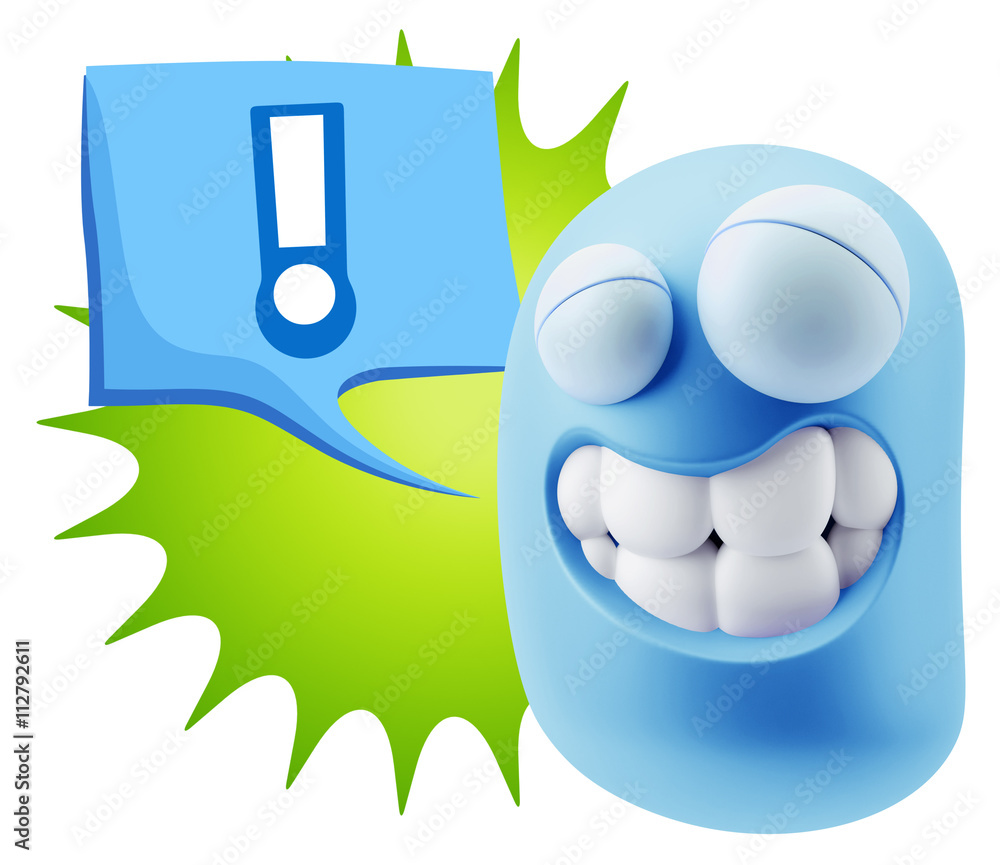 Poster 3d rendering smile character emoticon expression saying ! with c