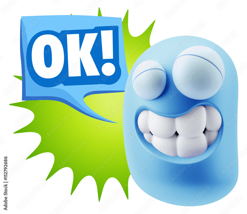 Poster 3d rendering smile character emoticon expression saying ok with