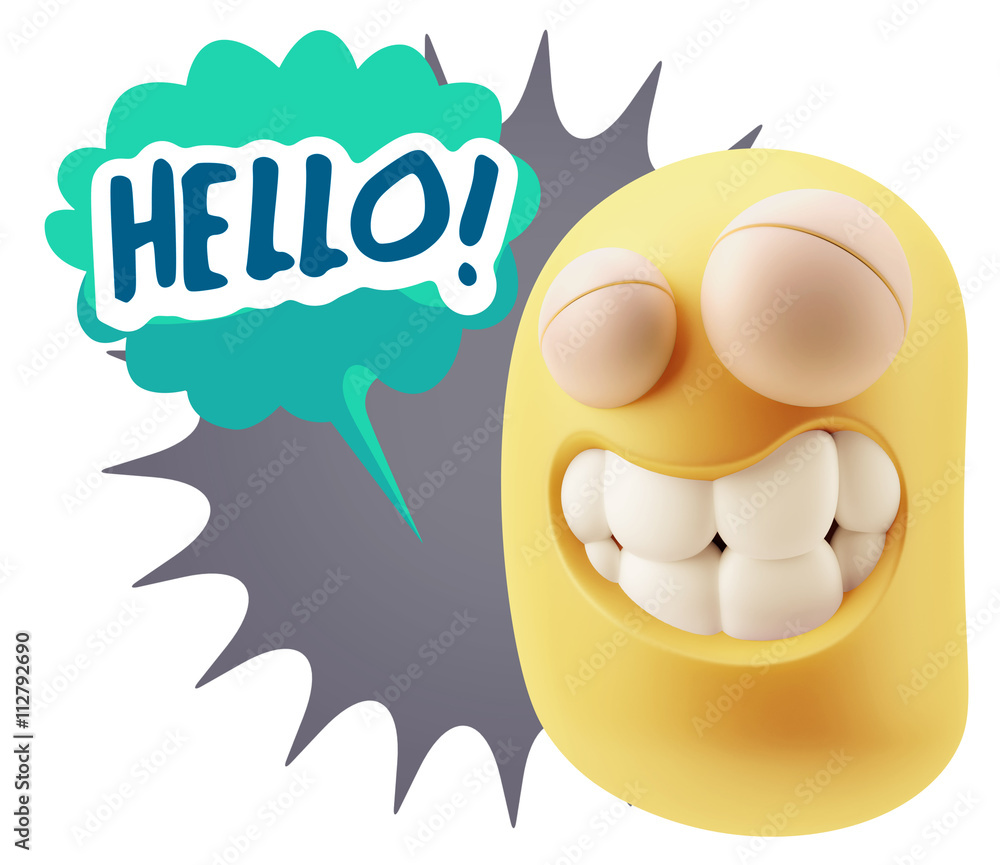 Poster 3d Rendering Smile Character Emoticon Expression saying Hello wi