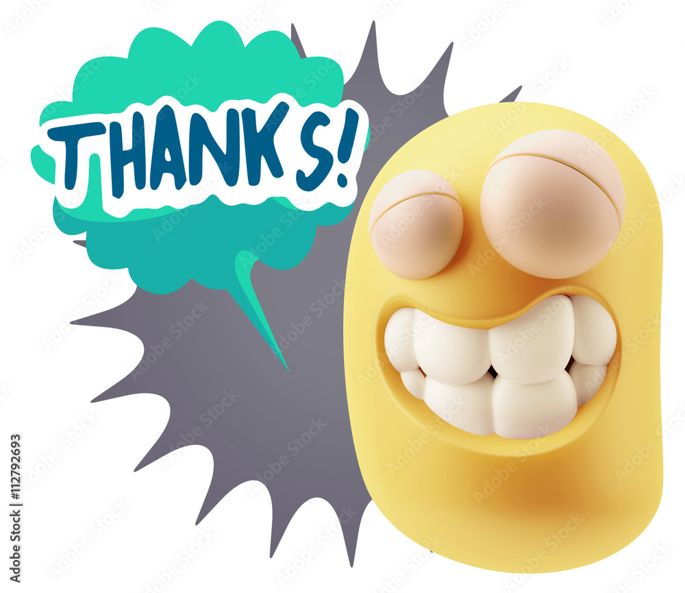 Poster 3d rendering smile character emoticon expression saying thanks w