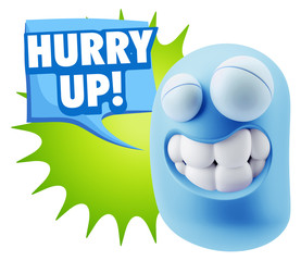3d Rendering Smile Character Emoticon Expression saying Hurry Up