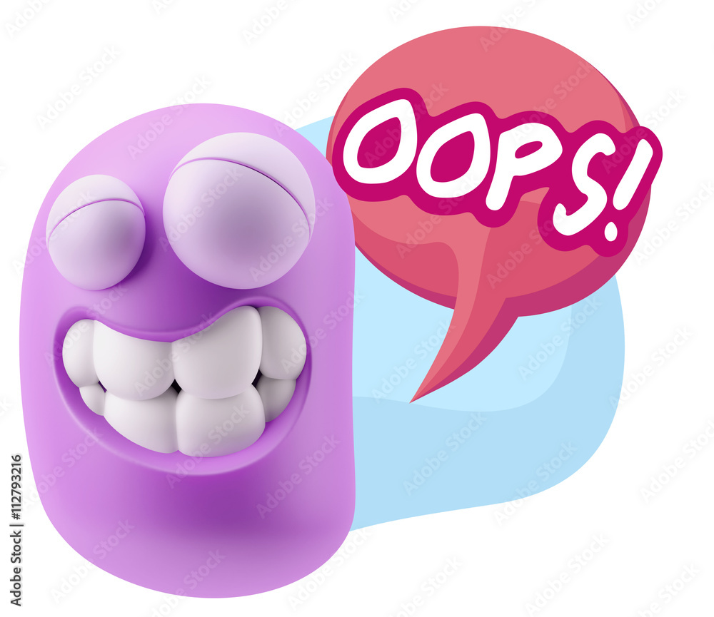 Poster 3d rendering smile character emoticon expression saying oops wit