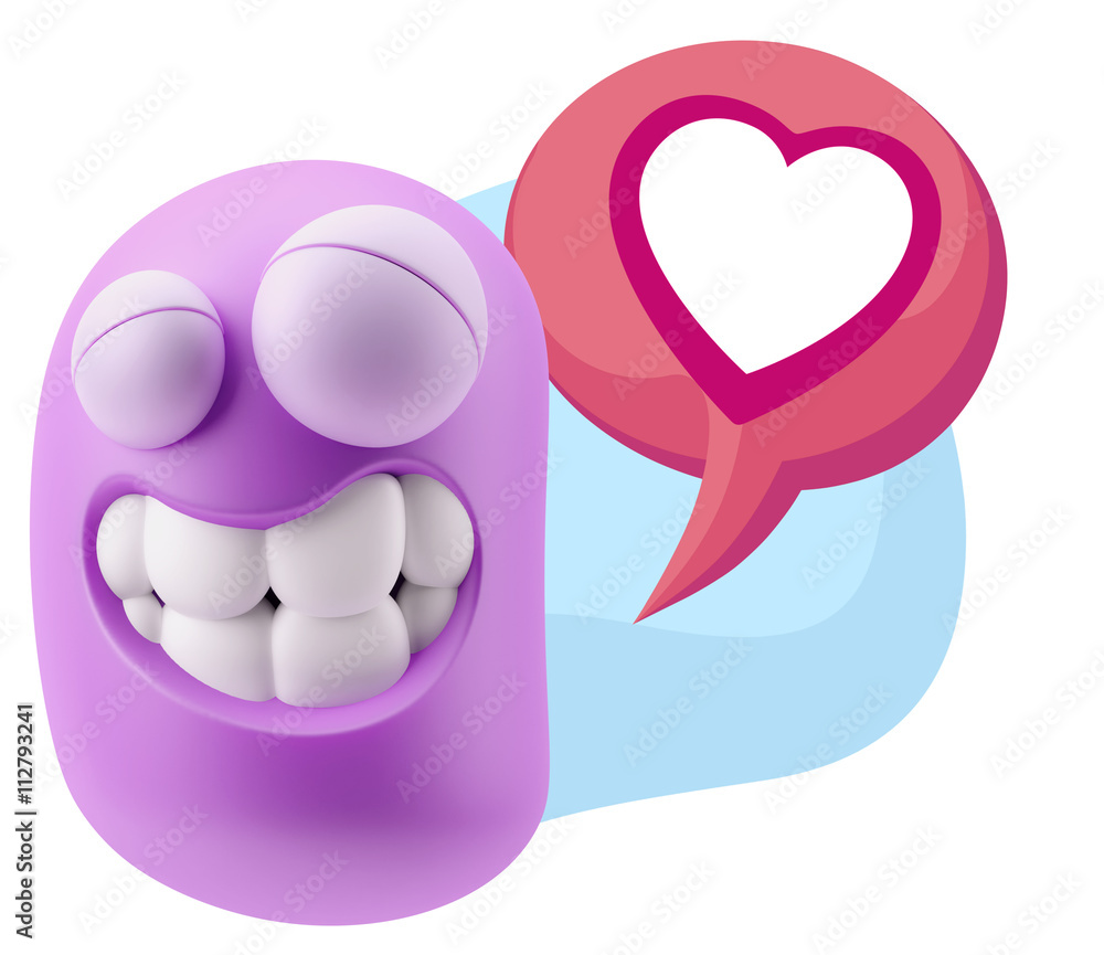 Poster 3d rendering smile character emoticon expressing love with a hea