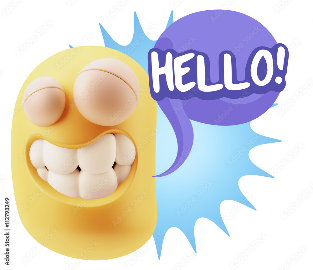 Poster 3d rendering smile character emoticon expression saying hello wi
