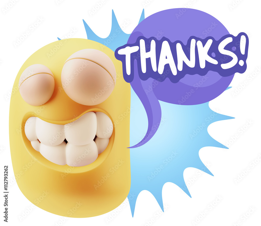 Poster 3d rendering smile character emoticon expression saying thanks w
