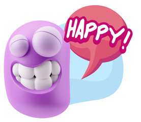 3d Rendering Smile Character Emoticon Expression saying Happy wi