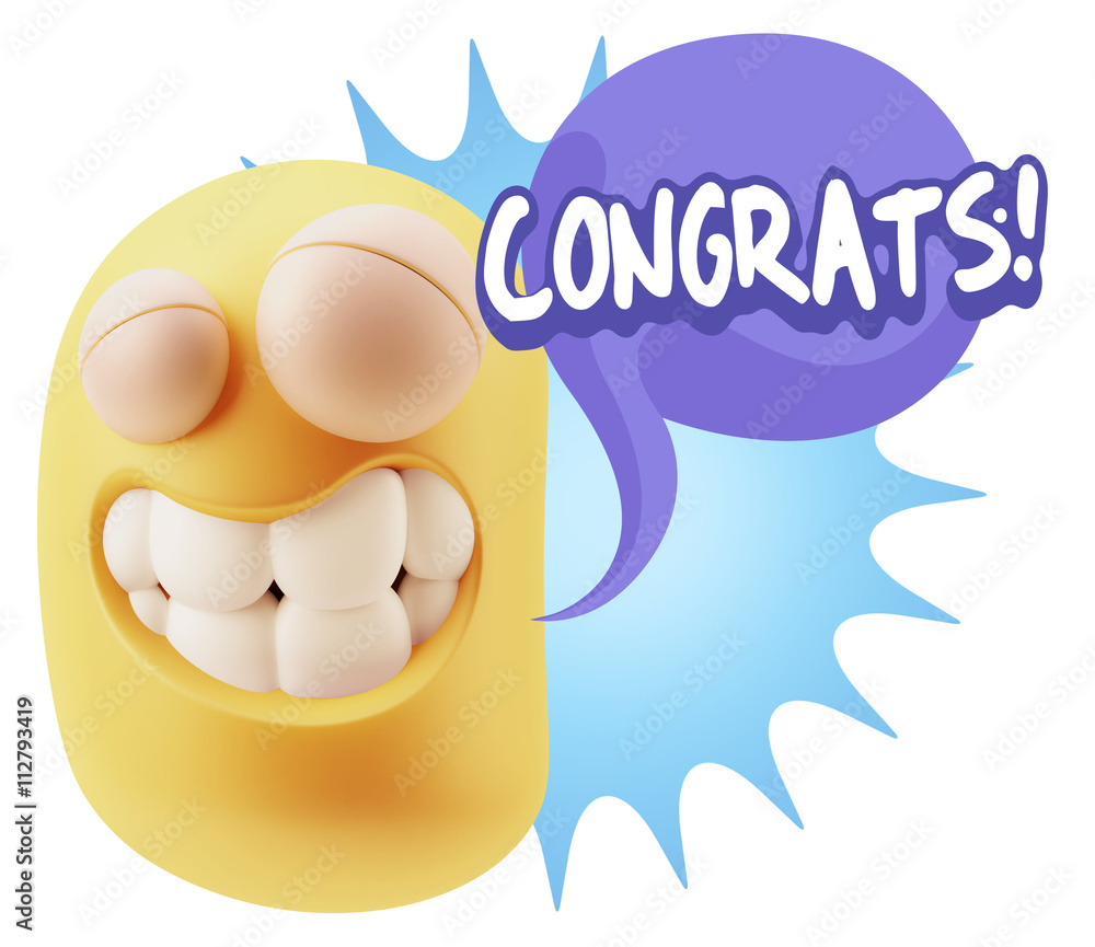 Poster 3d rendering smile character emoticon expression saying congrats