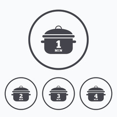 Cooking pan icons. Boil one, four minutes.