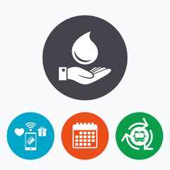 Water drop and hand sign. Save water symbol.