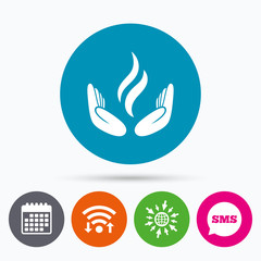 Energy hands sign icon. Power from hands symbol.