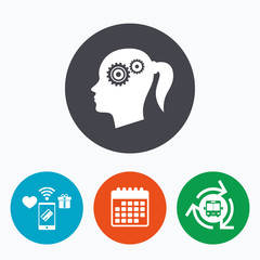 Head with gears sign icon. Female woman head