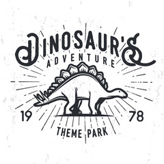 Vector dinosaur adventure logo concept. Stegosaurus theme park insignia design. Jurassic period illustration. Vintage T-shirt badge on grunge background © Gmorv