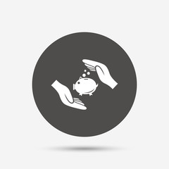 Piggy bank money sign icon. Hands protect cash.