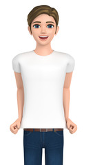 3D illustration character - A man in jeans points to a own T-shirt.