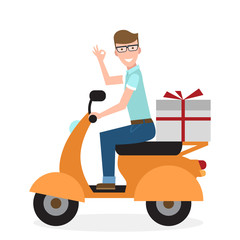Delivery man on scooter. Fast transportation. Isolated cartoon character on white background. Postman, courier with parcel on motorbike.