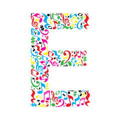 E letter made of colorful musical notes on white background. Alphabet for art school. Trendy font. Graphic decoration.