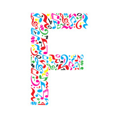 F letter made of colorful musical notes on white background. Alphabet for art school. Trendy font. Graphic decoration.
