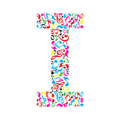 I letter made of colorful musical notes on white background. Alphabet for art school. Trendy font. Graphic decoration.